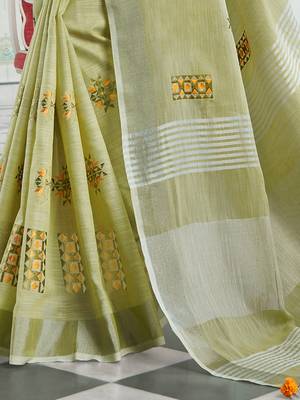 Light green handloom linen blend saree with floral embroidery 3