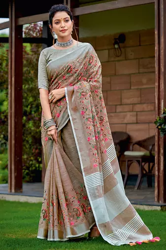 Brown handloom linen blend saree with floral kashmiri embroidery