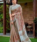Brown handloom linen blend saree with floral kashmiri embroidery