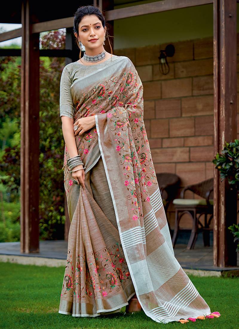 Brown handloom linen blend saree with floral kashmiri embroidery