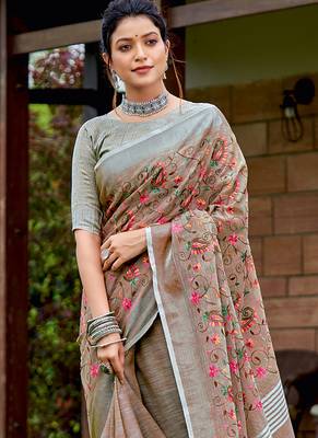 Brown handloom linen blend saree with floral kashmiri embroidery 2