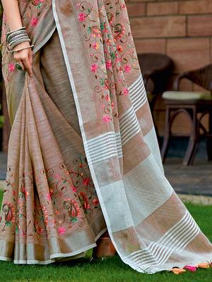 Brown handloom linen blend saree with floral kashmiri embroidery 3