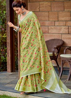 Lime green handloom linen blend saree with floral kashmiri embroidery 1