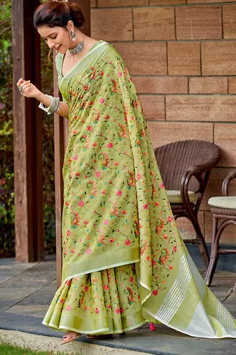 Lime green handloom linen blend saree with floral kashmiri embroidery