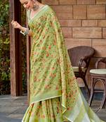 Lime green handloom linen blend saree with floral kashmiri embroidery