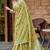 Lime green handloom linen blend saree with floral kashmiri embroidery