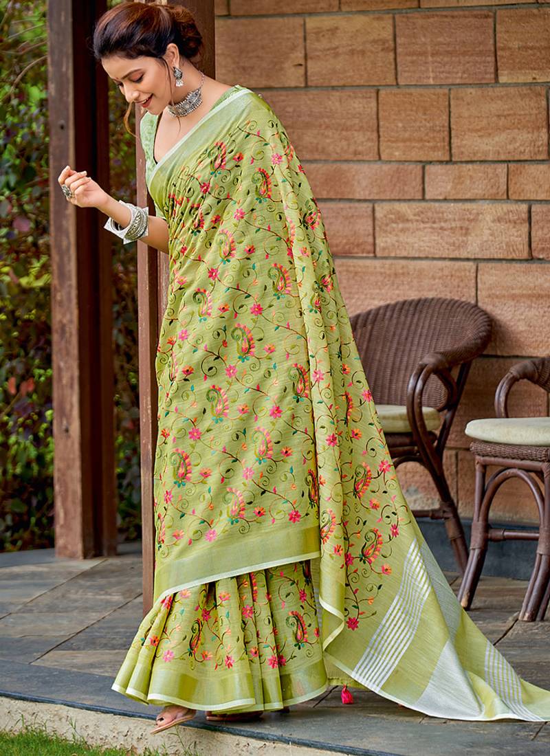 Lime green handloom linen blend saree with floral kashmiri embroidery