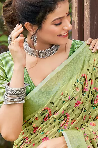 Lime green handloom linen blend saree with floral kashmiri embroidery