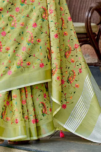 Lime green handloom linen blend saree with floral kashmiri embroidery