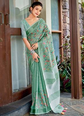 Sea green handloom linen blend saree with floral kashmiri embroidery 1