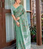 Sea green handloom linen blend saree with floral kashmiri embroidery