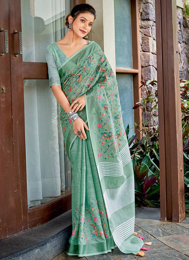 Sea green handloom linen blend saree with floral kashmiri embroidery