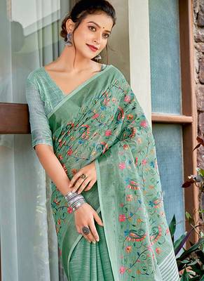 Sea green handloom linen blend saree with floral kashmiri embroidery 2