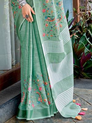 Sea green handloom linen blend saree with floral kashmiri embroidery 3