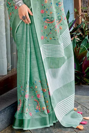 Sea green handloom linen blend saree with floral kashmiri embroidery