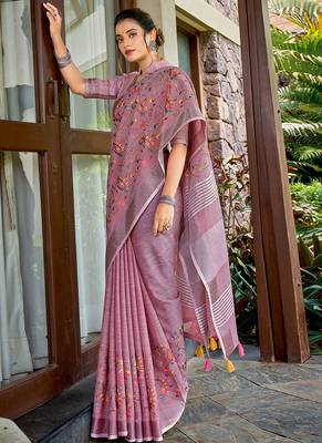 Onion pink handloom linen blend saree with floral kashmiri embroidery 1