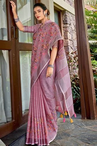 Onion pink handloom linen blend saree with floral kashmiri embroidery