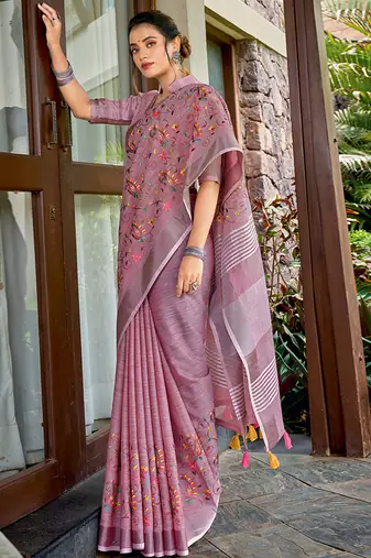 Onion pink handloom linen blend saree with floral kashmiri embroidery