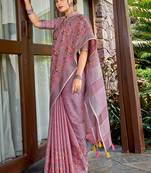 Onion pink handloom linen blend saree with floral kashmiri embroidery