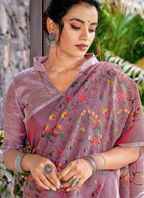 Onion pink handloom linen blend saree with floral kashmiri embroidery 2