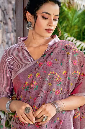 Onion pink handloom linen blend saree with floral kashmiri embroidery