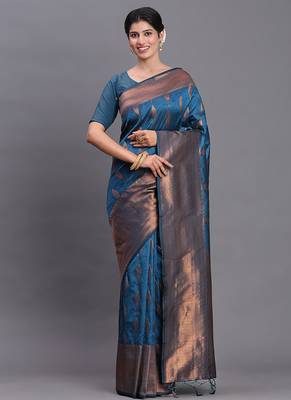 Teal blue silk blend saree with zari border and pallu 1