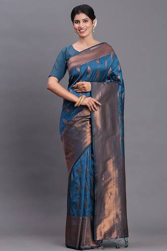 Teal blue silk blend saree with zari border and pallu