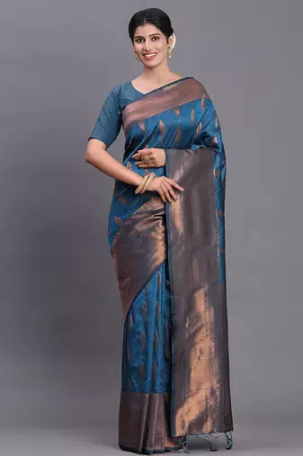 Teal blue silk blend saree with zari border and pallu