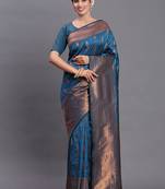 Teal blue silk blend saree with zari border and pallu