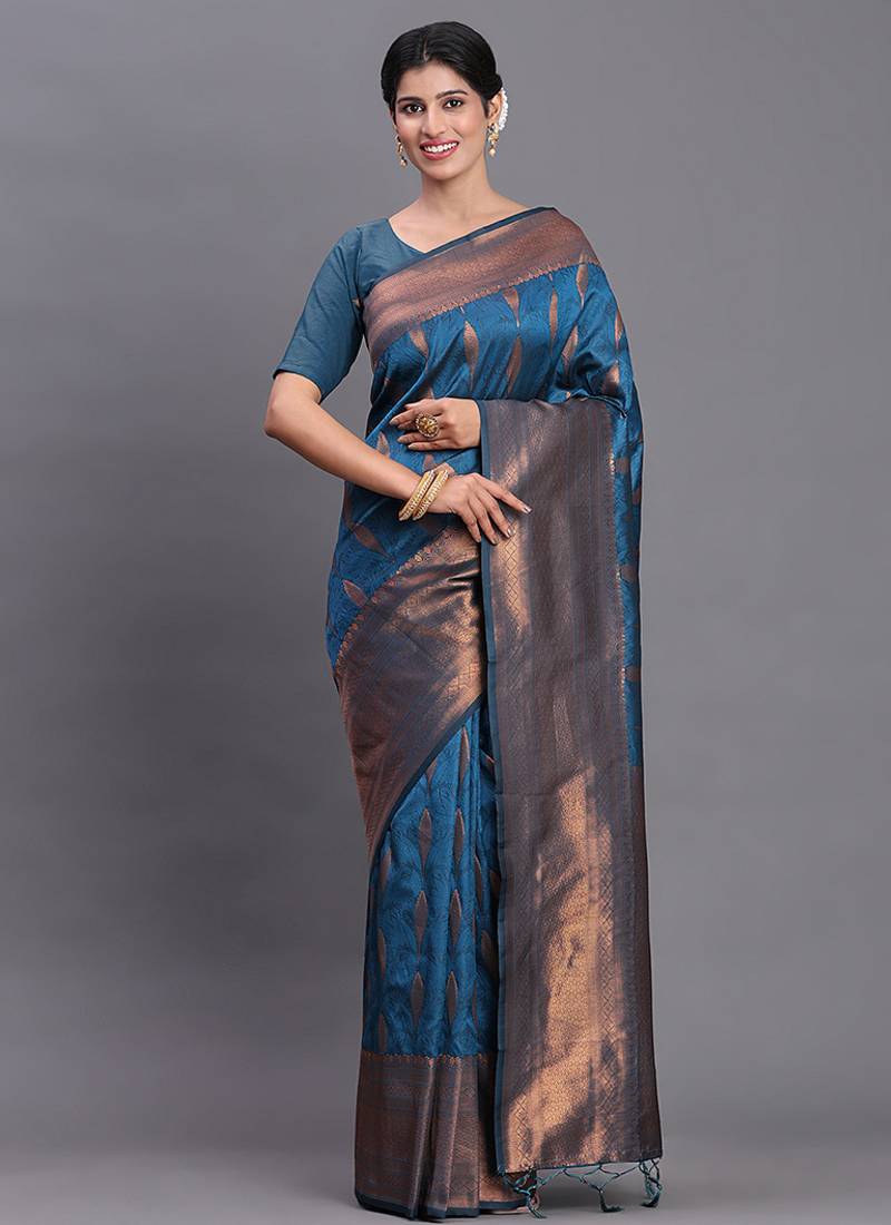 Teal blue silk blend saree with zari border and pallu