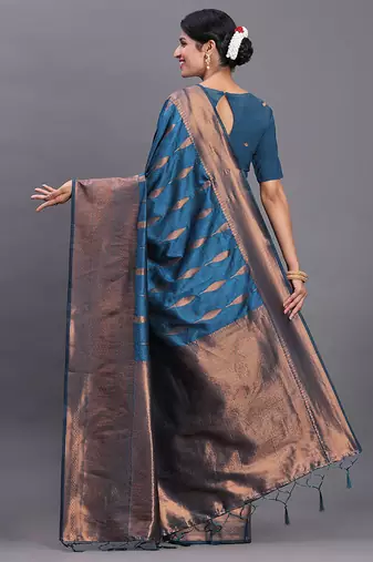 Teal blue silk blend saree with zari border and pallu