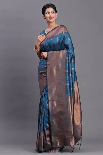 Teal blue silk blend saree with zari border and pallu