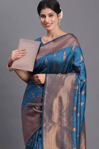 Teal blue silk blend saree with zari border and pallu
