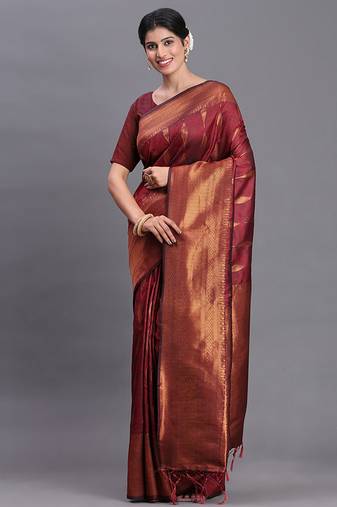 Maroon silk blend saree with zari border and pallu