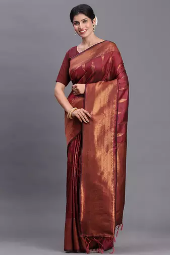 Maroon silk blend saree with zari border and pallu