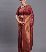 Maroon silk blend saree with zari border and pallu