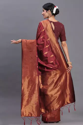 Maroon silk blend saree with zari border and pallu