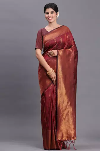 Maroon silk blend saree with zari border and pallu