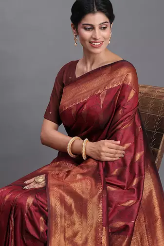 Maroon silk blend saree with zari border and pallu