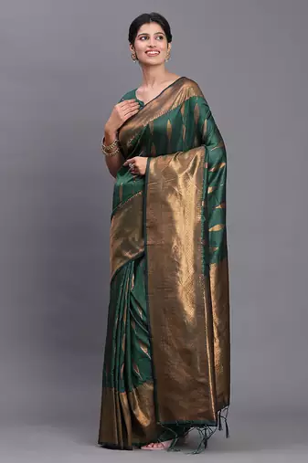 Dark green silk blend saree with zari border and pallu