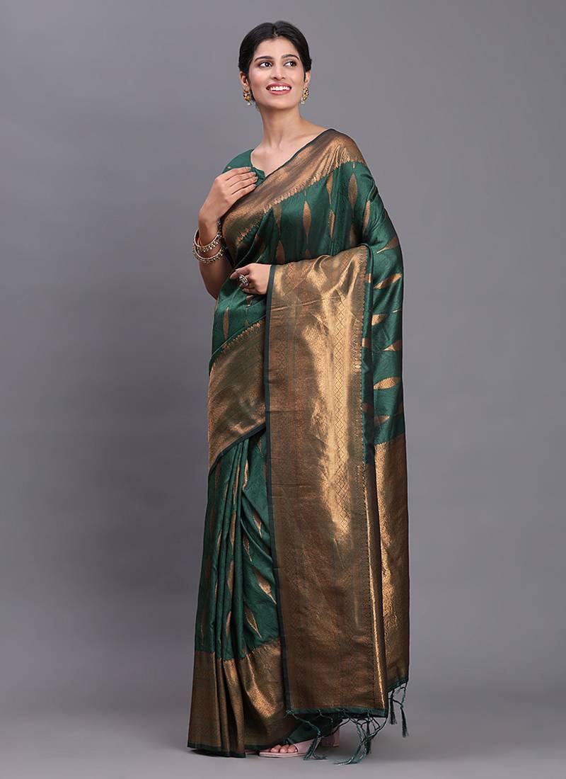 Dark green silk blend saree with zari border and pallu