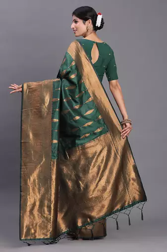 Dark green silk blend saree with zari border and pallu