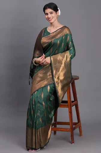 Dark green silk blend saree with zari border and pallu
