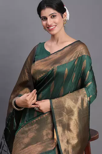 Dark green silk blend saree with zari border and pallu