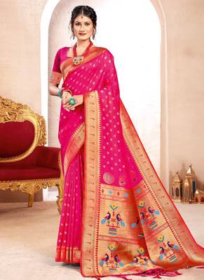 Rani pink paithani silk blend saree with peacock motif pallu 1