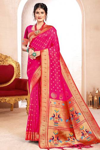 Rani pink paithani silk blend saree with peacock motif pallu