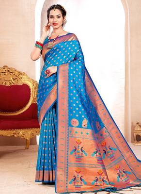 Sky blue paithani silk blend saree with peacock motif pallu 1
