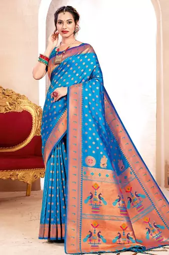 Sky blue paithani silk blend saree with peacock motif pallu