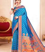 Sky blue paithani silk blend saree with peacock motif pallu