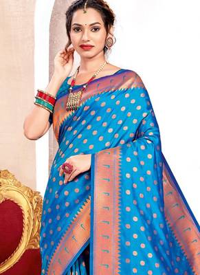 Sky blue paithani silk blend saree with peacock motif pallu 2